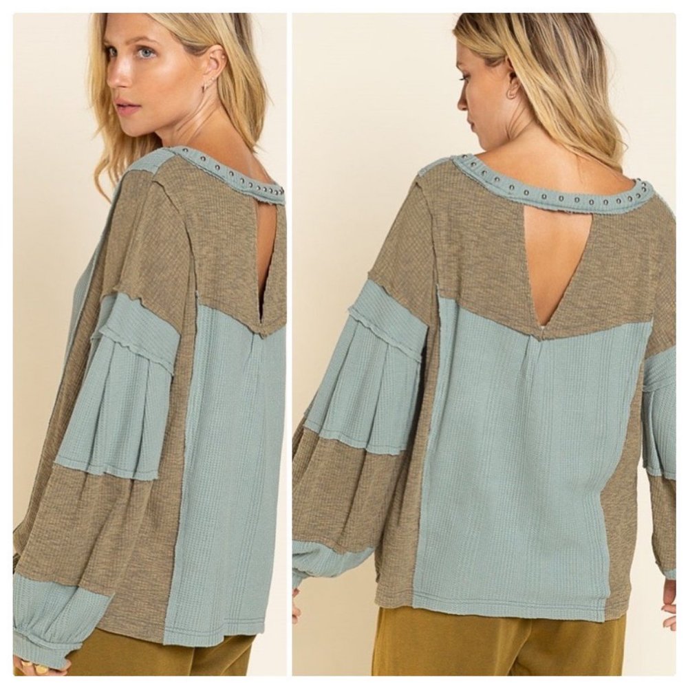 *NEW COLOR* POL Raw Edge Color Block Top - Picture 7 of 16